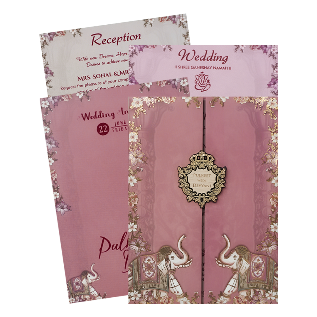 Pink Elephant Floral Padded Wedding Card-KJTS1821