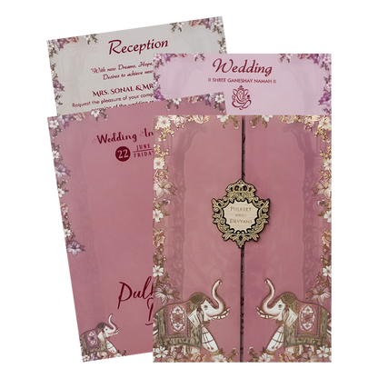 Pink Elephant Floral Padded Wedding Card-KJTS1821