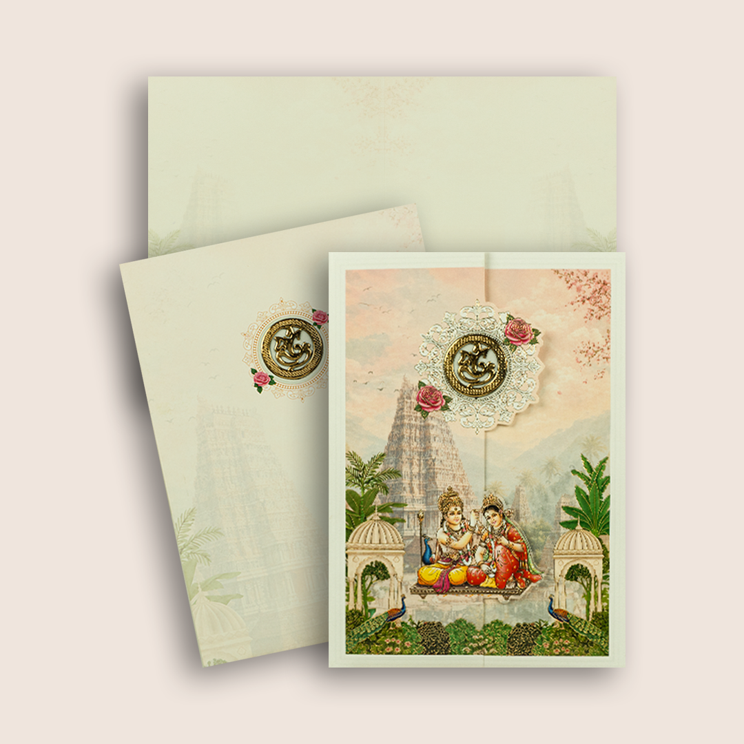 White Lord Karthikeya Temple Door Style Wedding Card - KNAR2410