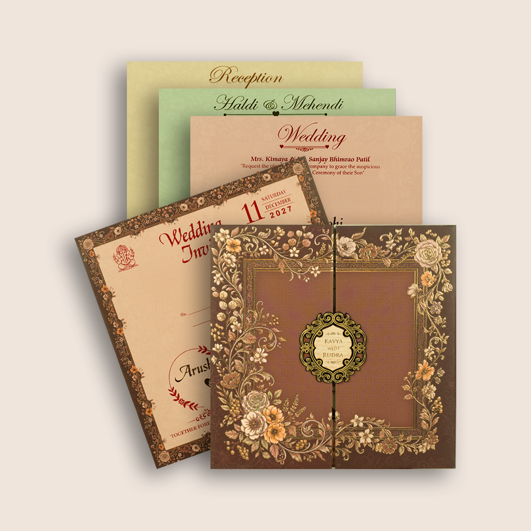 Brown Embossed Floral Door Style Padded Wedding Card - KSH18720