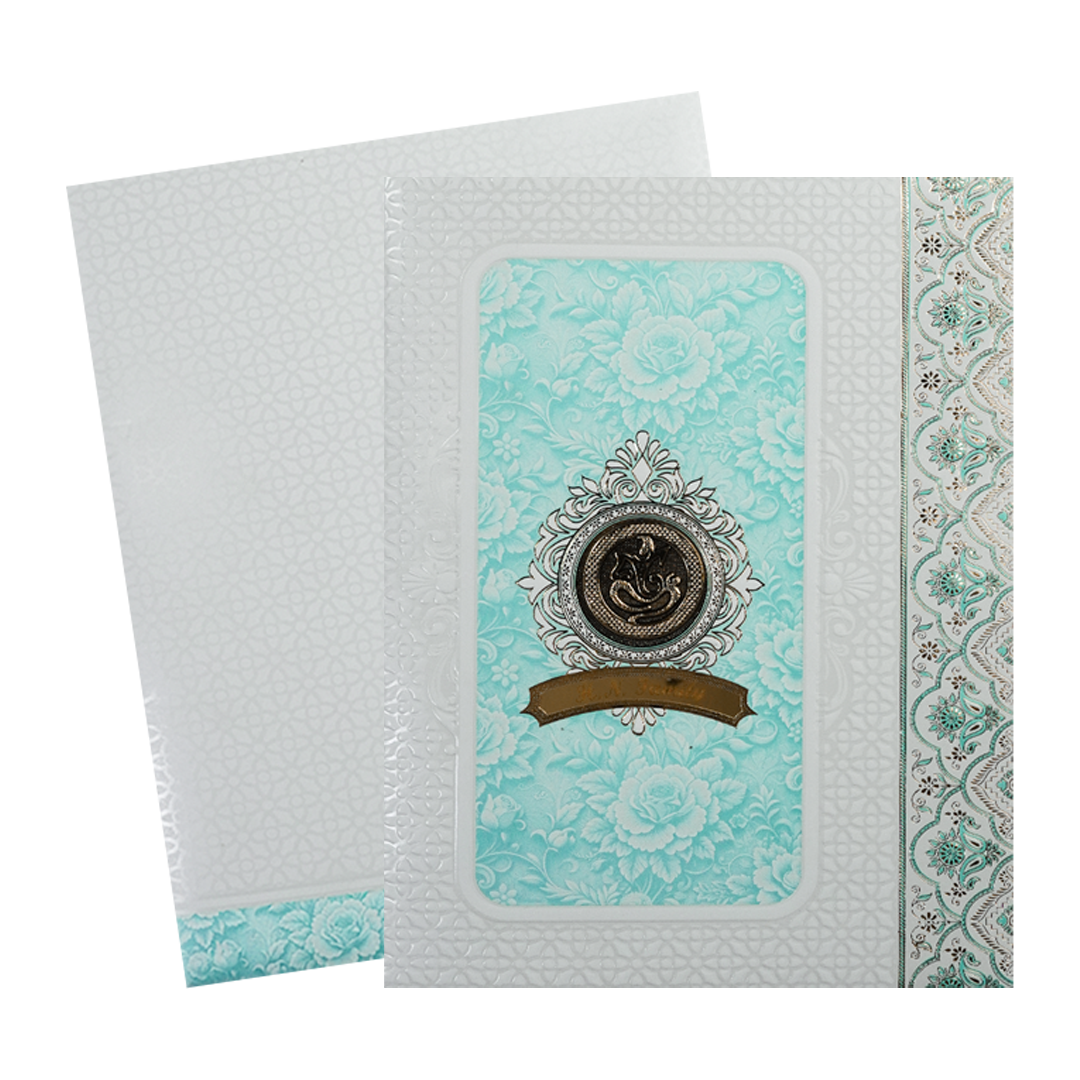 Blue Ganesha Floral Embossed Wedding Card-KNJS2087B