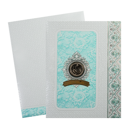 Blue Ganesha Floral Embossed Wedding Card-KNJS2087B
