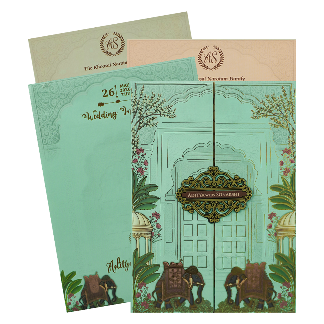 Mint Green Royal Palace Padded Wedding Card-KRE27220