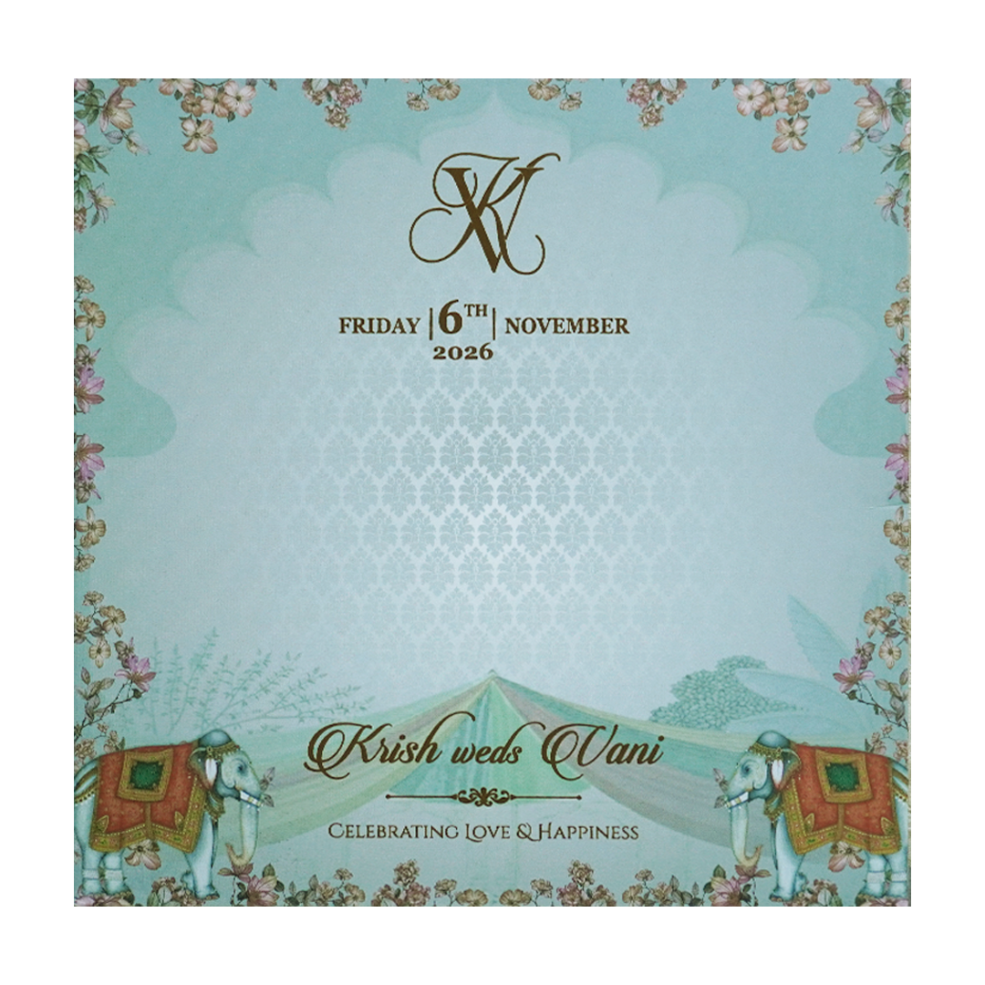 Pastel Blue Elephant Door Padded Wedding Card - KVN07540