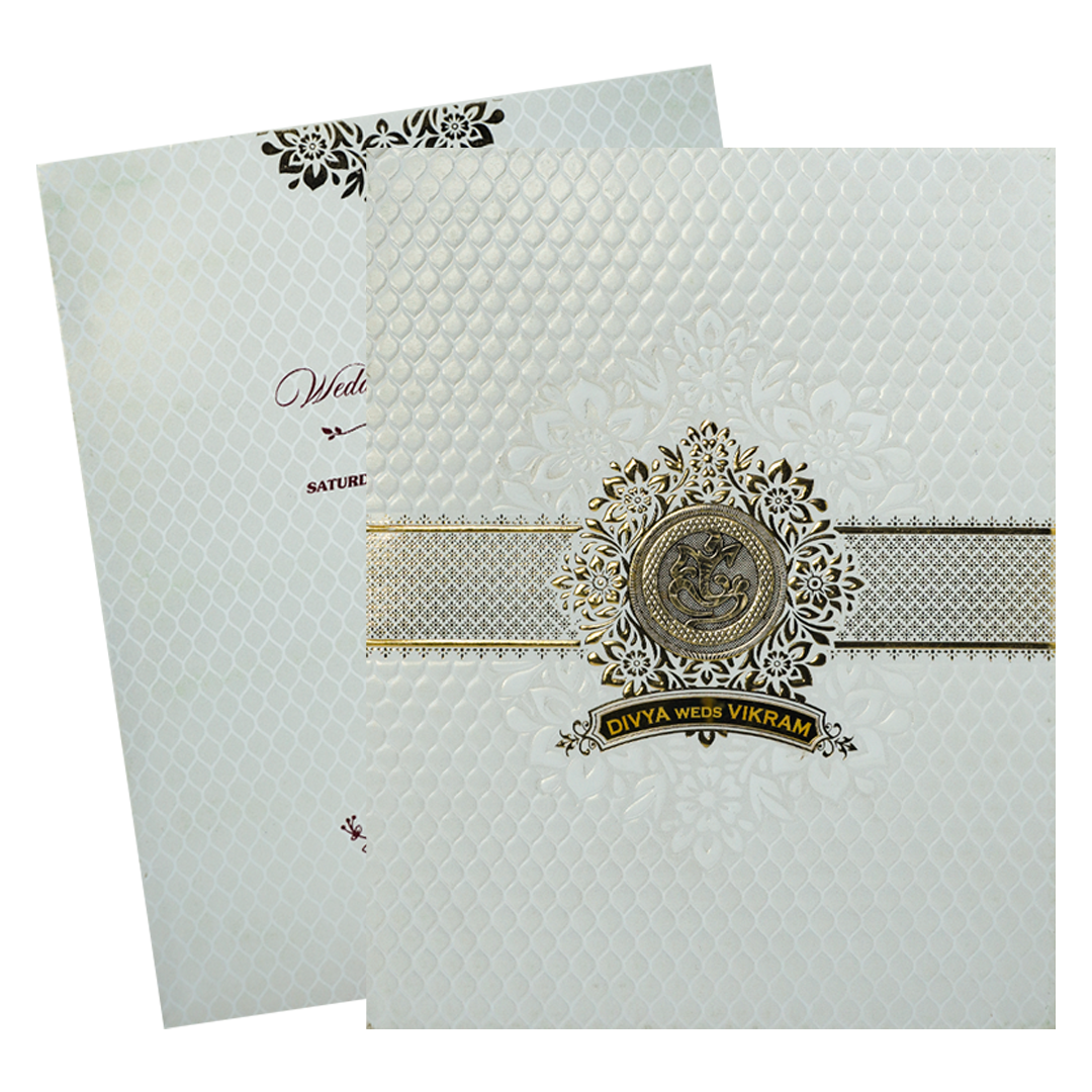 White Textured Floral Band Wedding Card-KNCS8516W