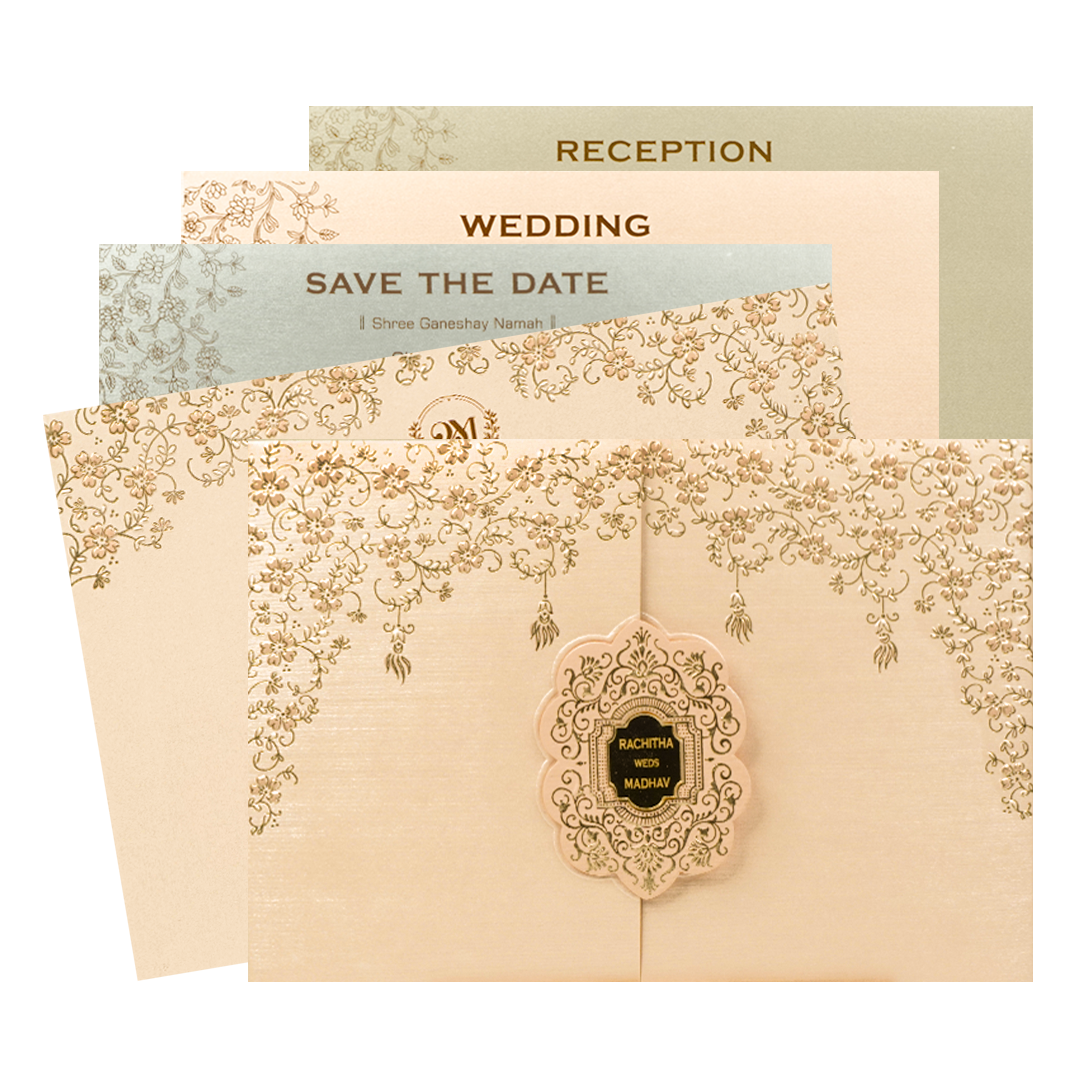 Cream Pink Gold Floral Oval Wedding Card-KSI64680