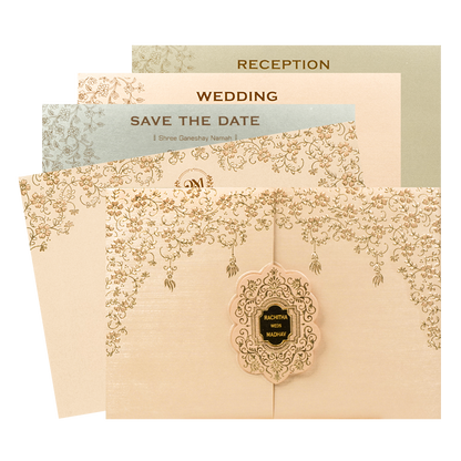 Cream Pink Gold Floral Oval Wedding Card-KSI64680