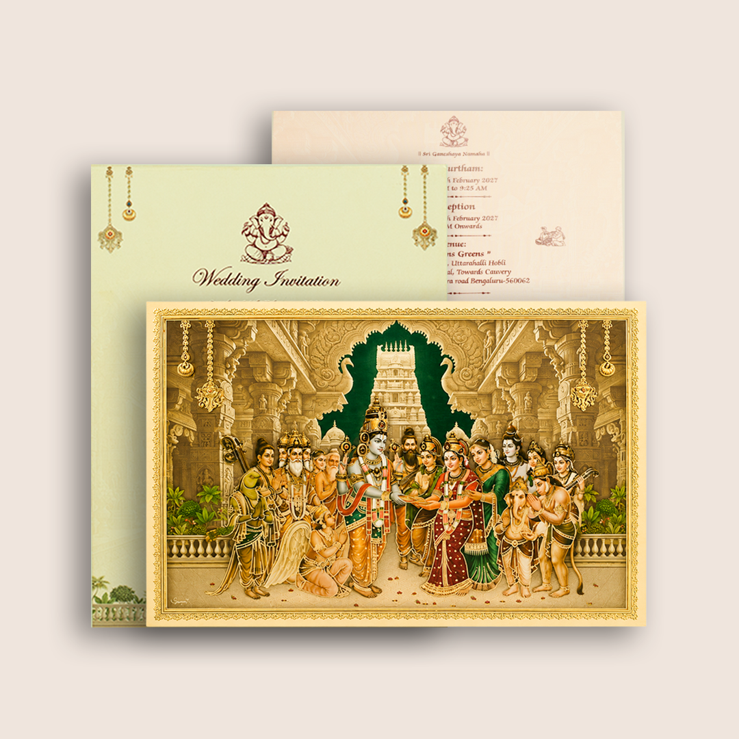 Beige Balaji Padmavathi Floral Wedding Invitation Card - KNCT7411