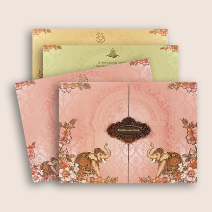 Pink Elephant Embossed Door Style Padded Wedding Card - KVN07910