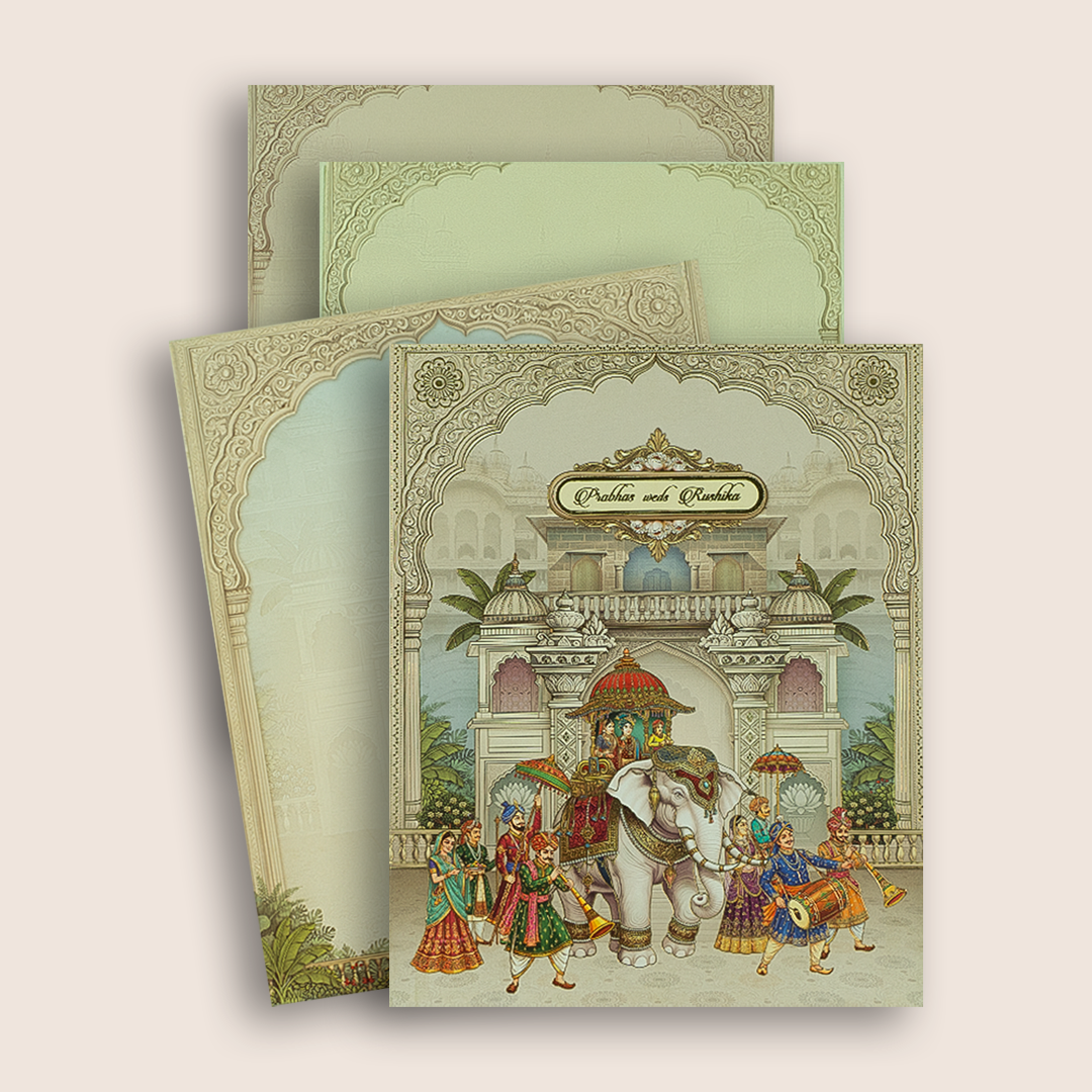 Grey Royal Palace Baraat Padded Wedding Card - KAA05540