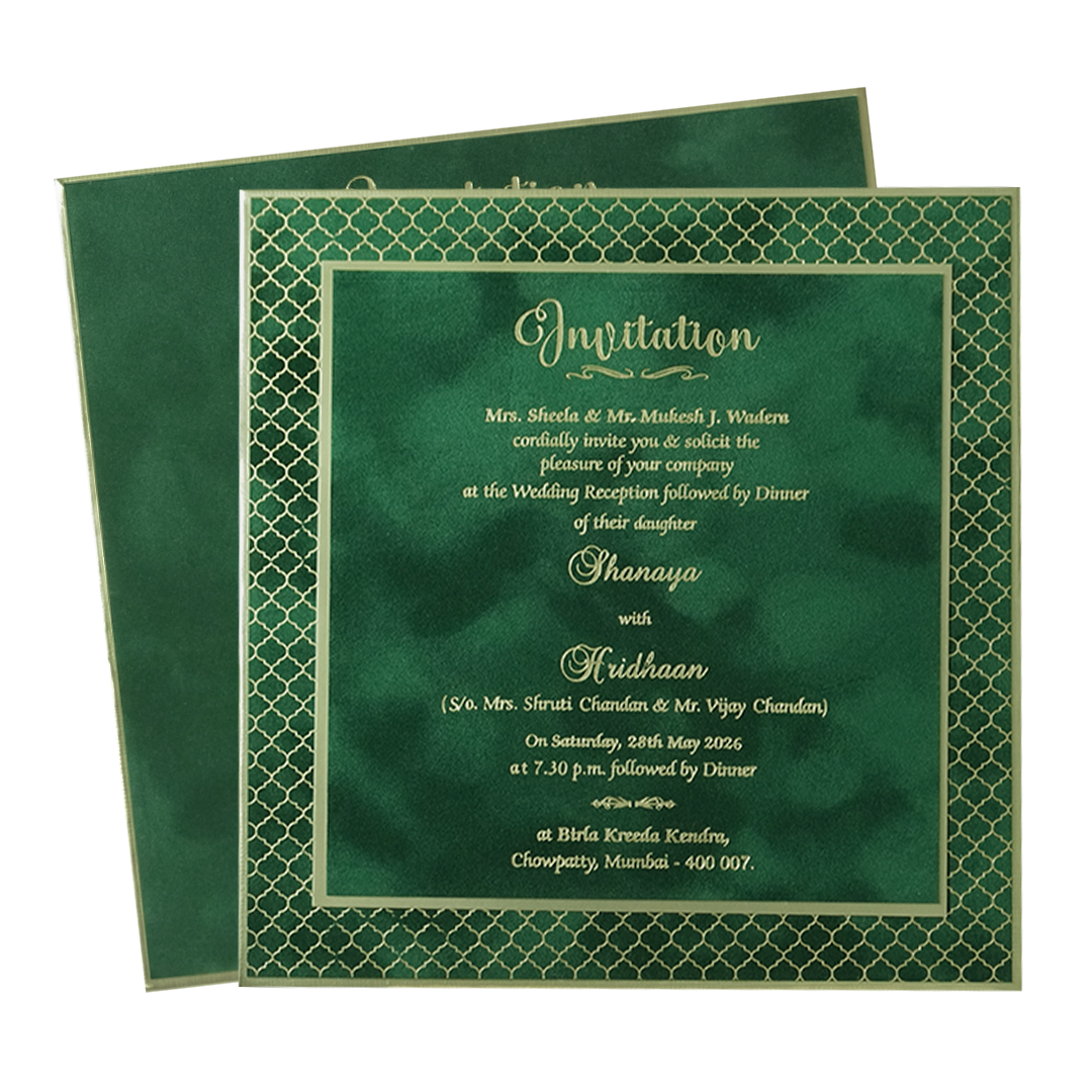 Green Gold Square Padded Wedding Card-KMMSC201