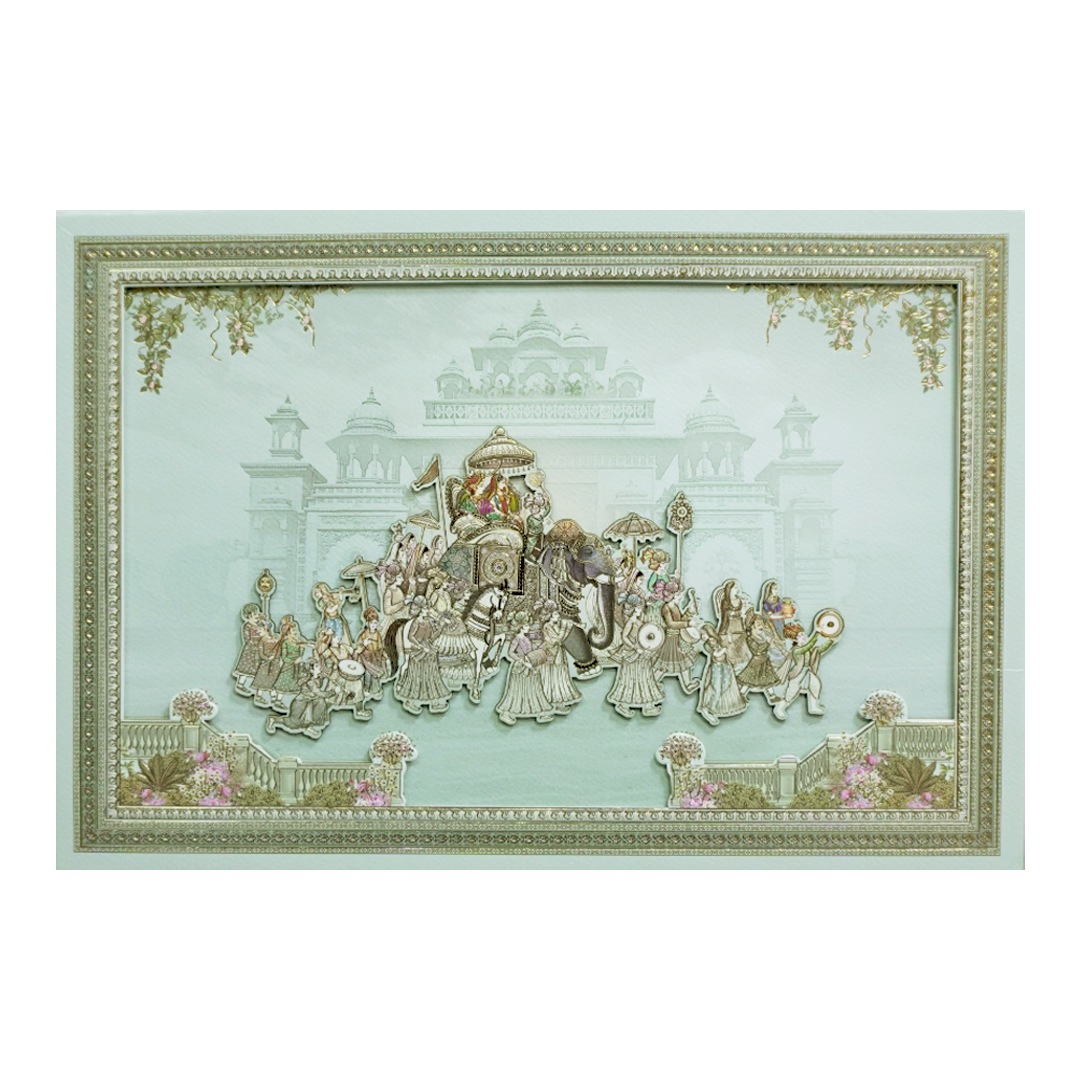 Green Laser Cut Padded Royal Procession Wedding Card - KMMEX8140