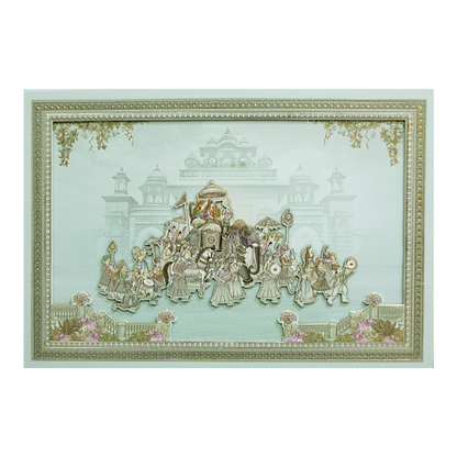 Green Laser Cut Padded Royal Procession Wedding Card - KMMEX8140