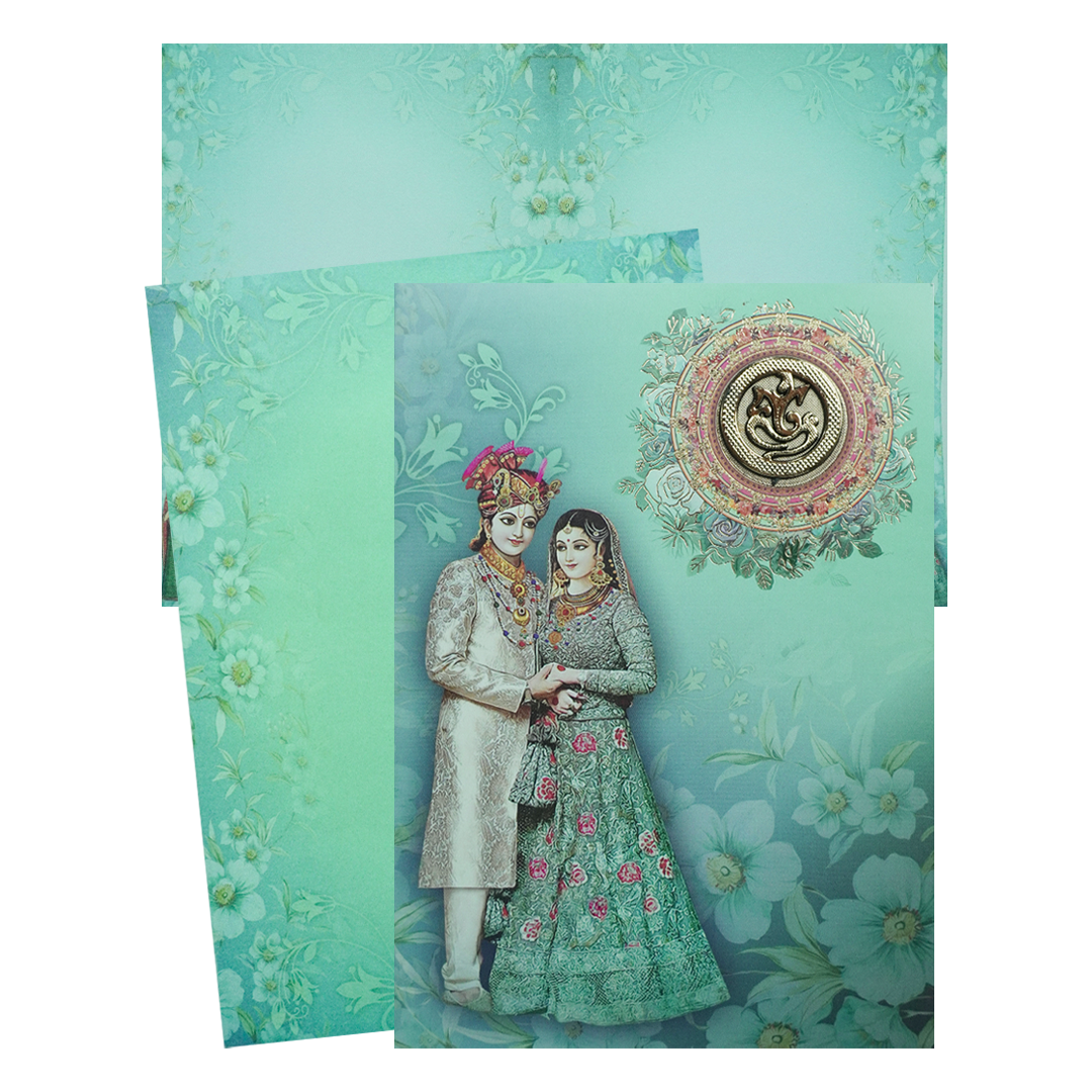 Green Floral Bride Groom Padded Invitation Card-KNEP1601