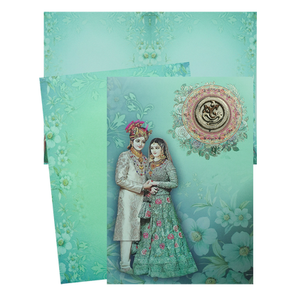 Green Floral Bride Groom Padded Invitation Card-KNEP1601