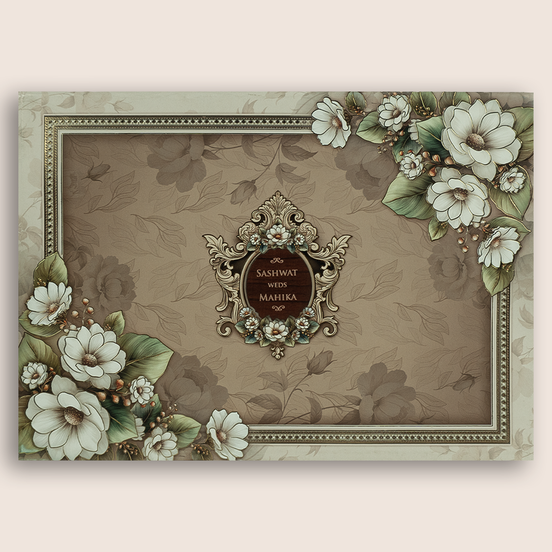 Pastel Brown Floral Padded Invitation Card - KRE28740