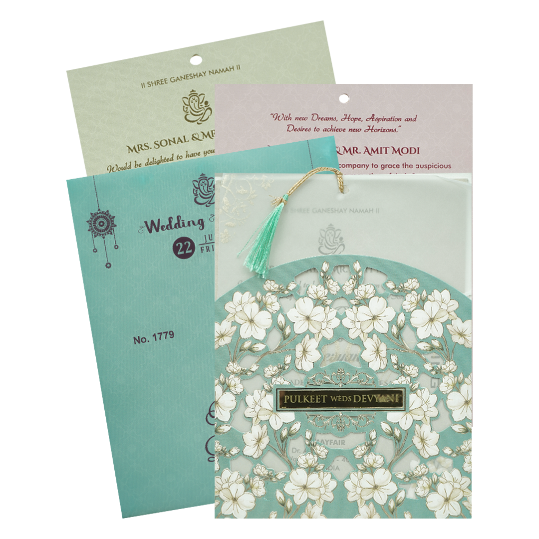 Blue Floral Laser Cut Wedding Card-KJTS1779