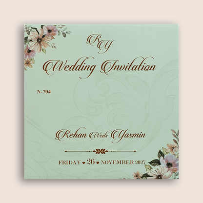 Pale Green Floral MDF Laser Cut Wedding Invitation - KVN07040