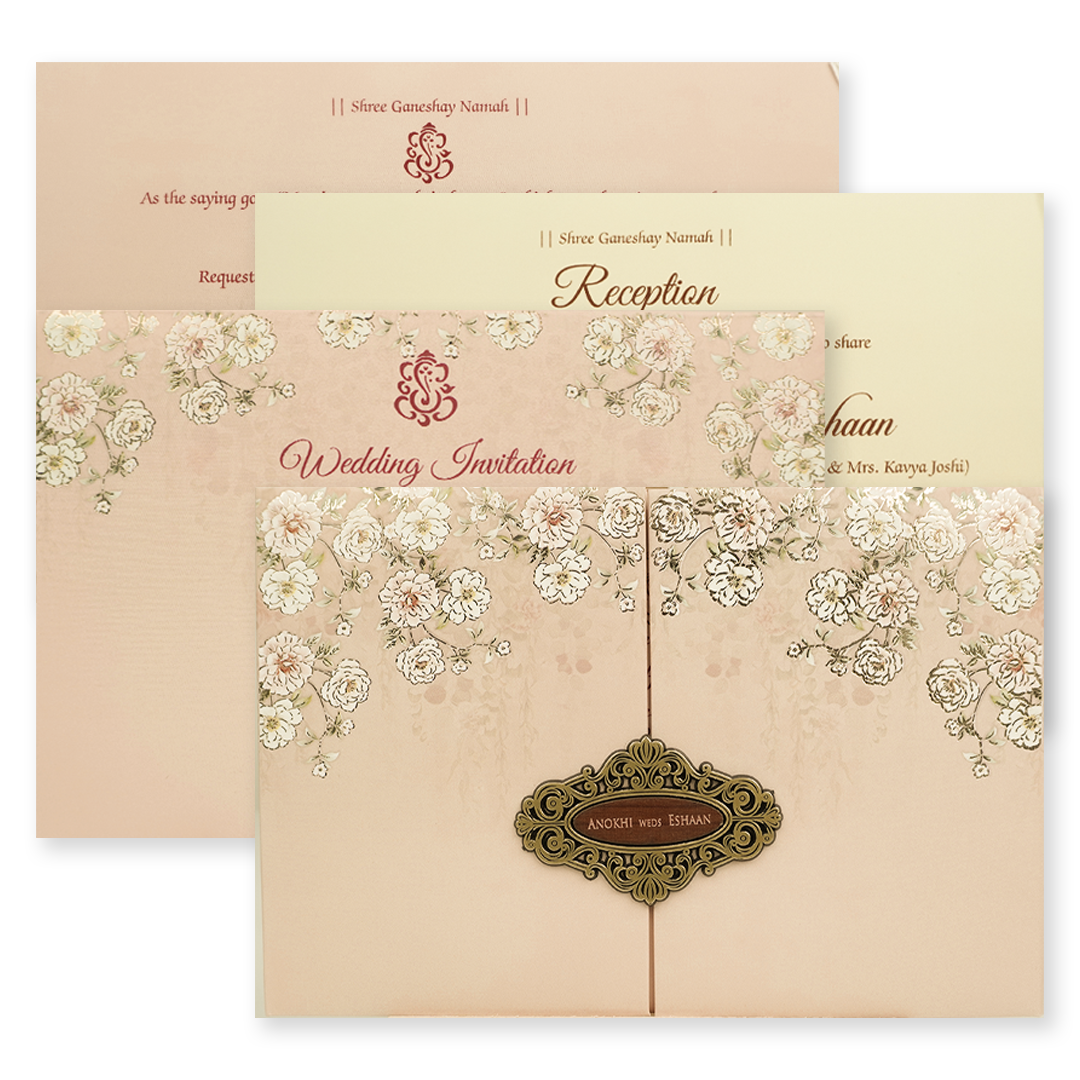Cream Floral Padded Wedding Card-KJTS3673