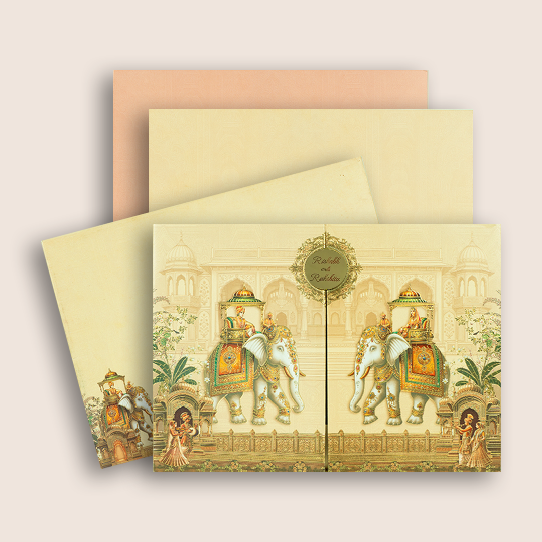 Cream Padded Elephant Door Style Wedding Card - KAA06060