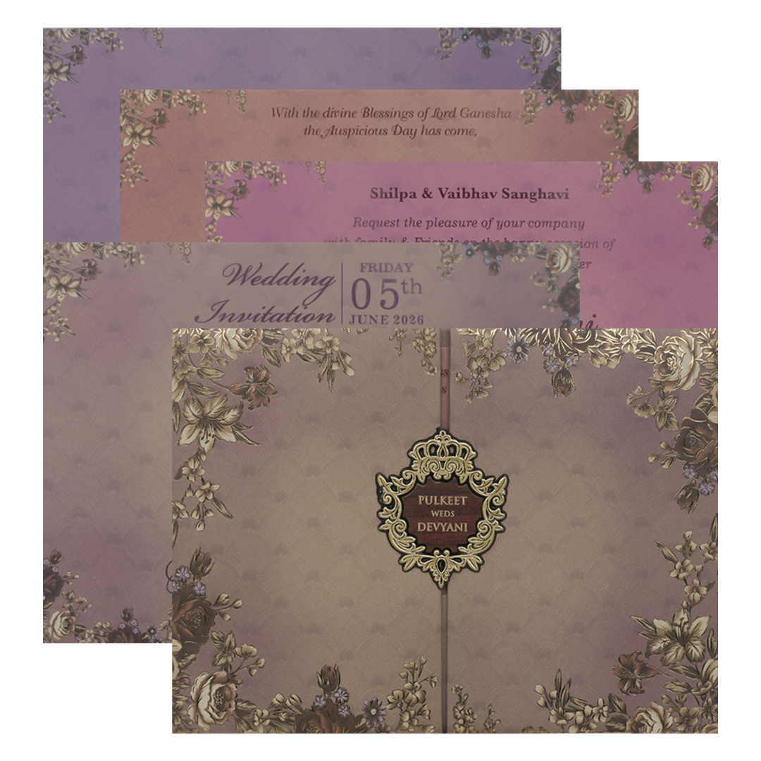 Check out Purple Floral Gold Padded Wedding Card at best price.✅WhatsApp Support ✅Express Delivery.|King of cards.