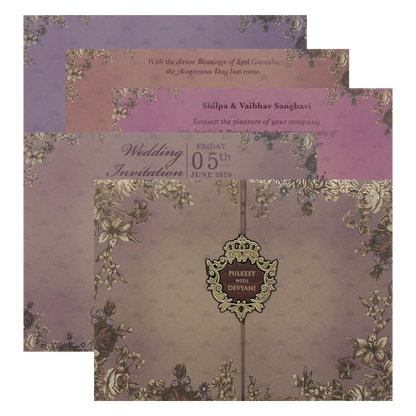 Check out Purple Floral Gold Padded Wedding Card at best price.✅WhatsApp Support ✅Express Delivery.|King of cards.