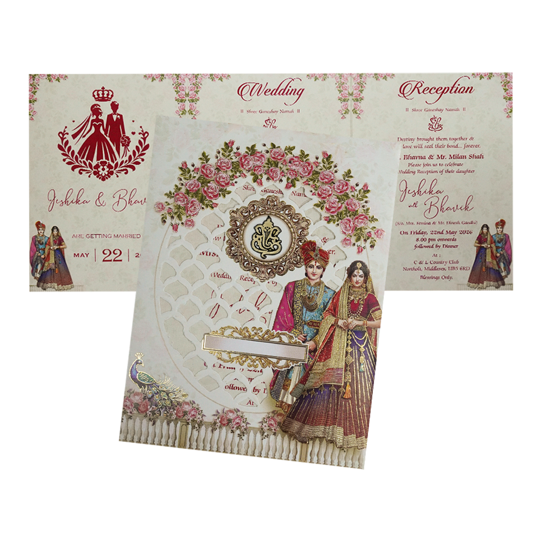 Cream Floral Laser-cut Wedding Card - KSH73220