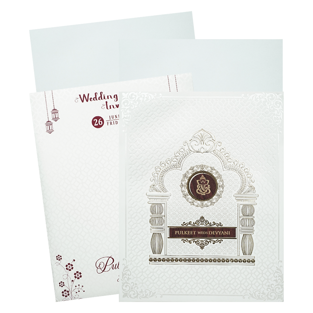 White Ganesha Padded Wedding Card-KJTS1858