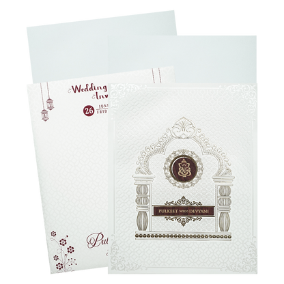White Ganesha Padded Wedding Card-KJTS1858