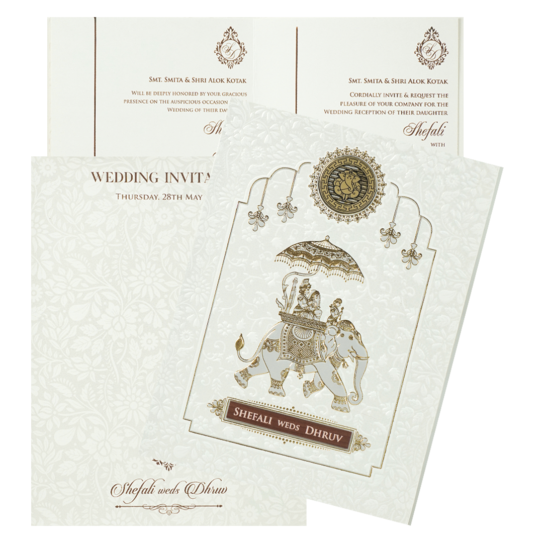 White Royal Elephant Wedding Card-KRE28380