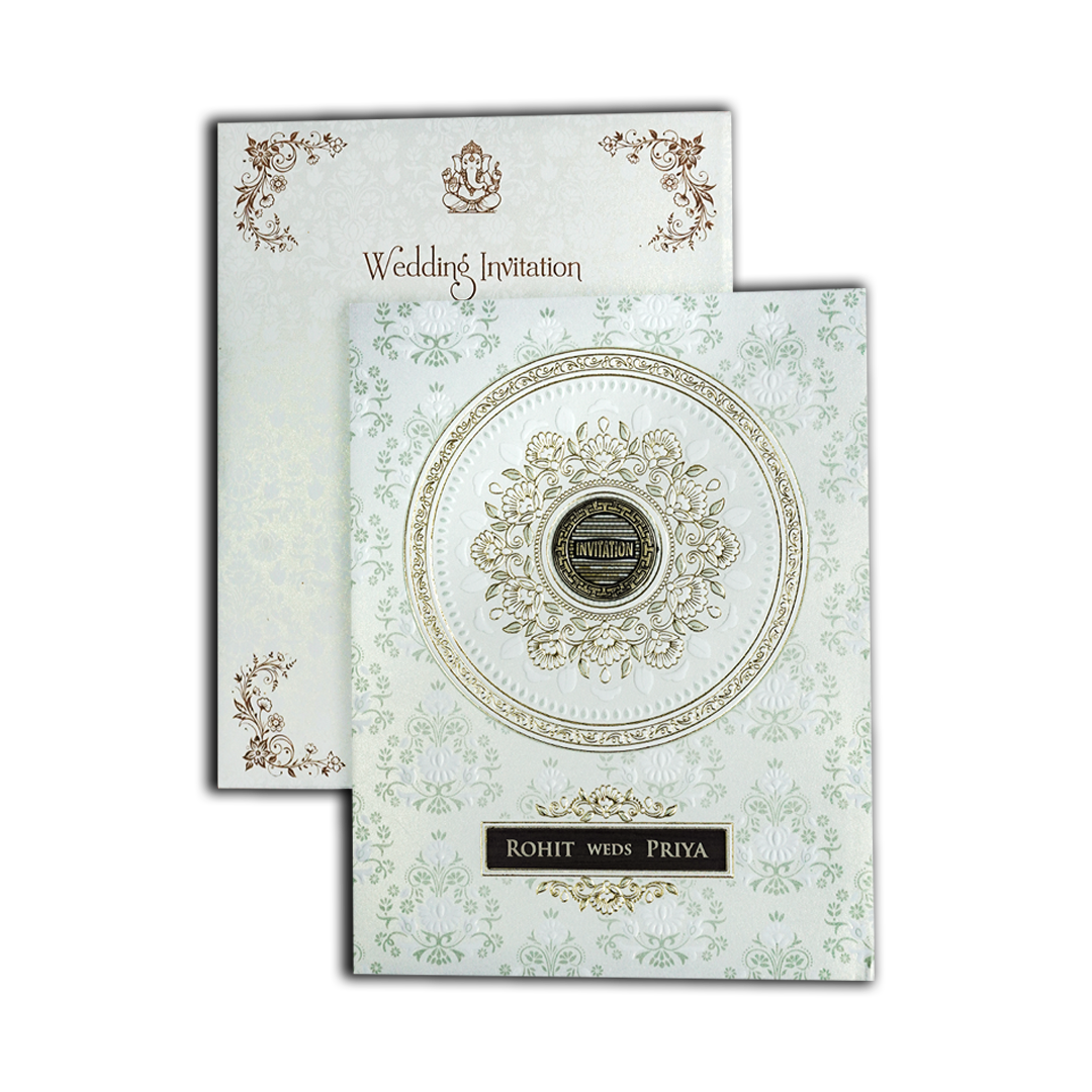 White Floral Circle Padded Wedding Card-KSH73580