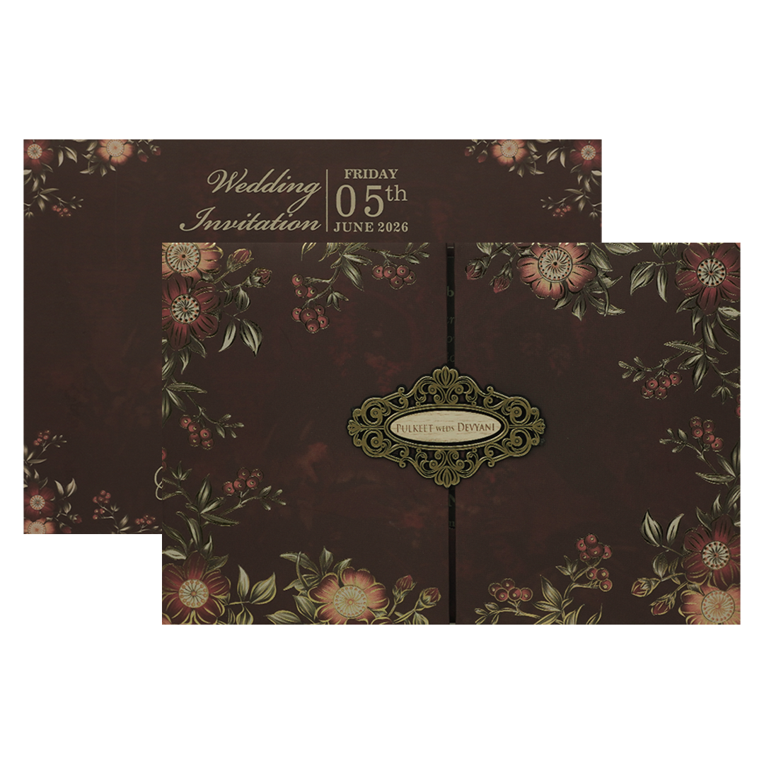 Brown Floral Padded Wedding Card-KJTS1836