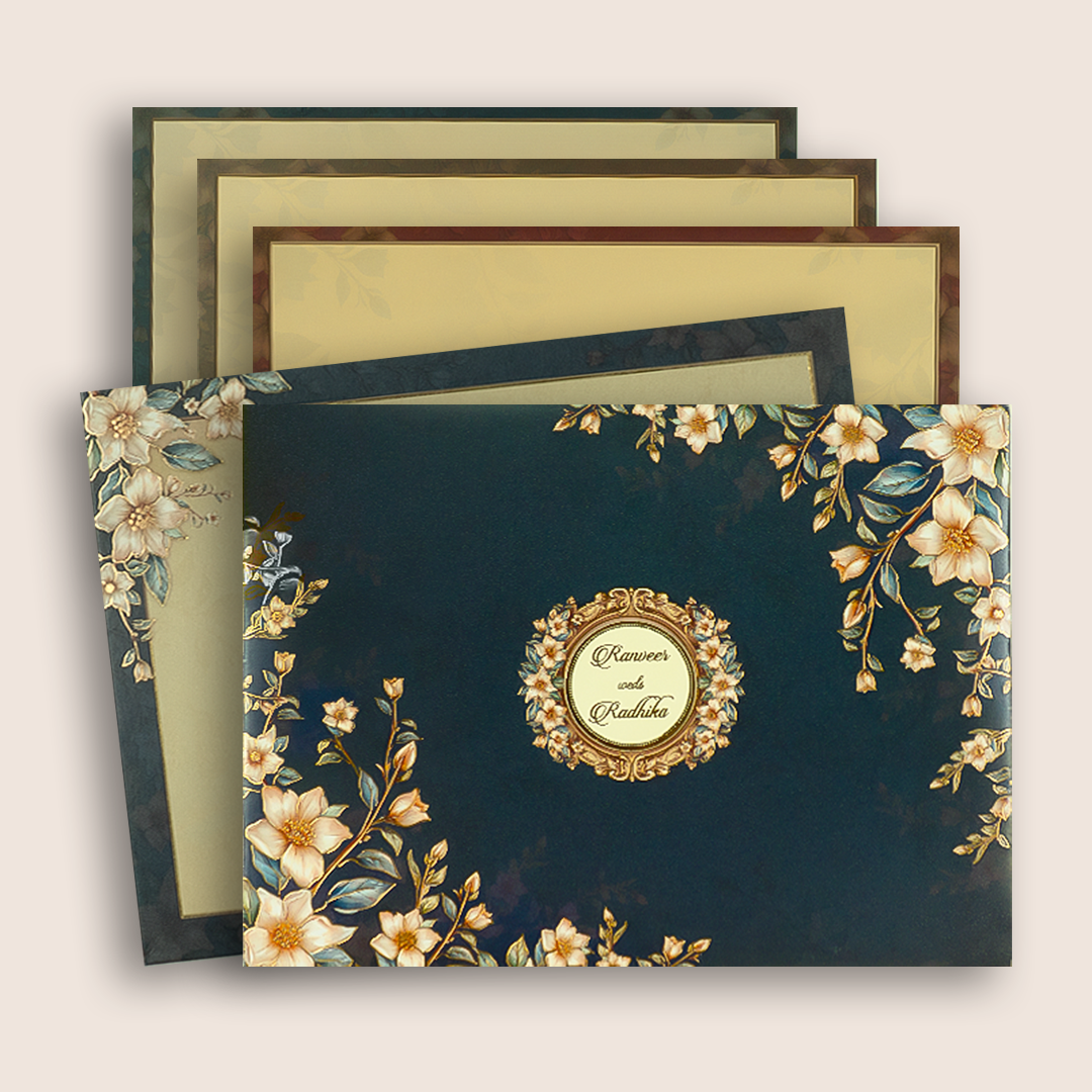 Royal Blue Floral Padded Wedding Card - KAA06000