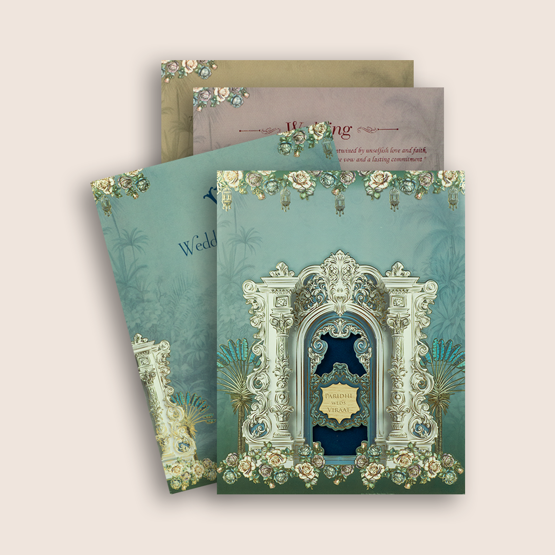 Blue Padded Floral Palace Wedding Card - KVN08010