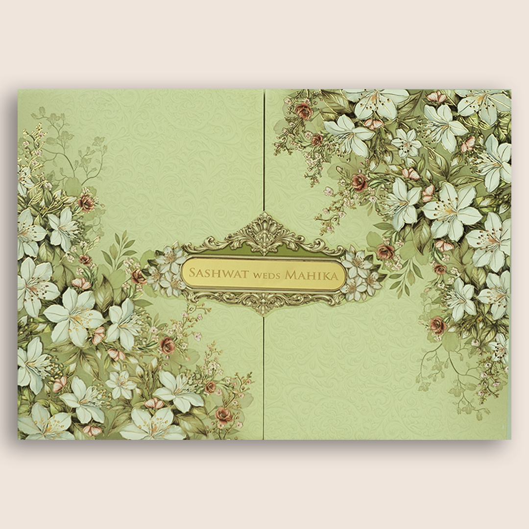 Pista Green Floral Door Style Padded Wedding Card - KRE28790