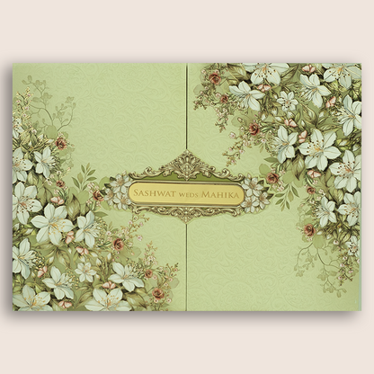 Pista Green Floral Door Style Padded Wedding Card - KRE28790
