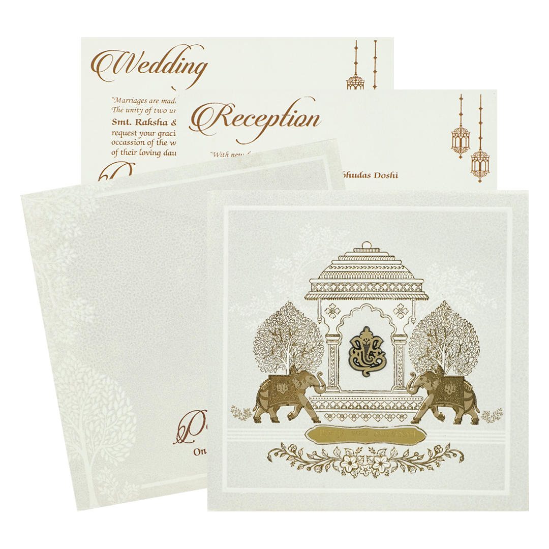 White Ganesha Palace Padded Wedding Card-KRE27550