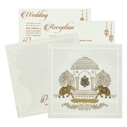 White Ganesha Palace Padded Wedding Card-KRE27550