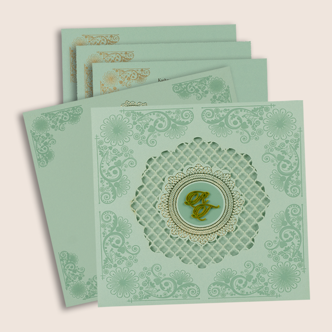Pastel Green Floral Laser Cut Padded Wedding Card - KPR023310