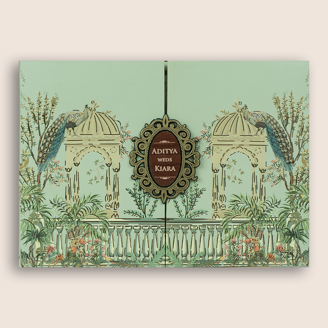 Pastel Green Peacock Door Style Padded Wedding Card - KFR16390
