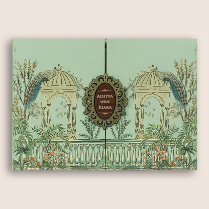 Pastel Green Peacock Door Style Padded Wedding Card - KFR16390