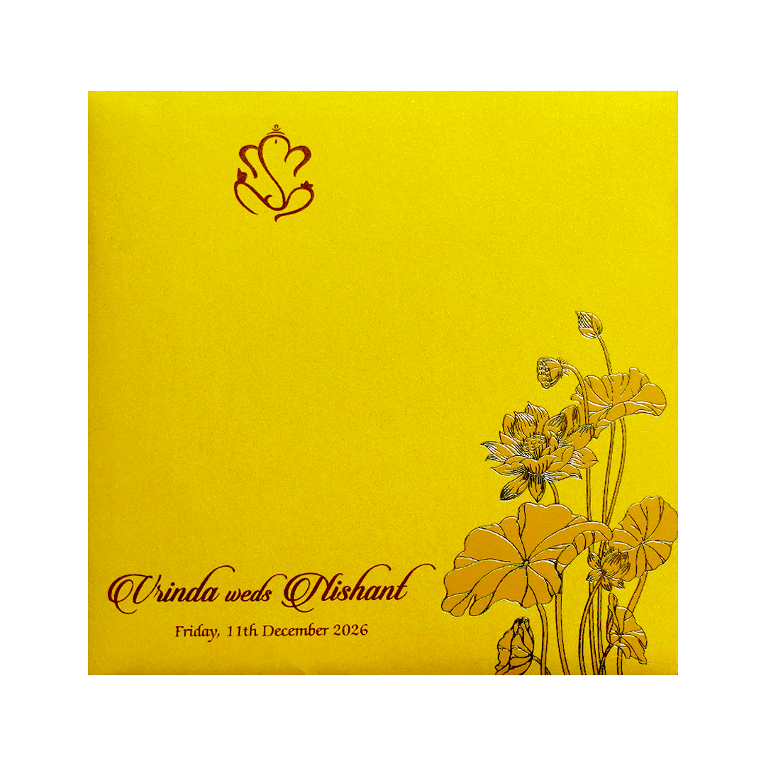 Yellow Lotus Laser Cut Door Style Wedding Card-KPR06120