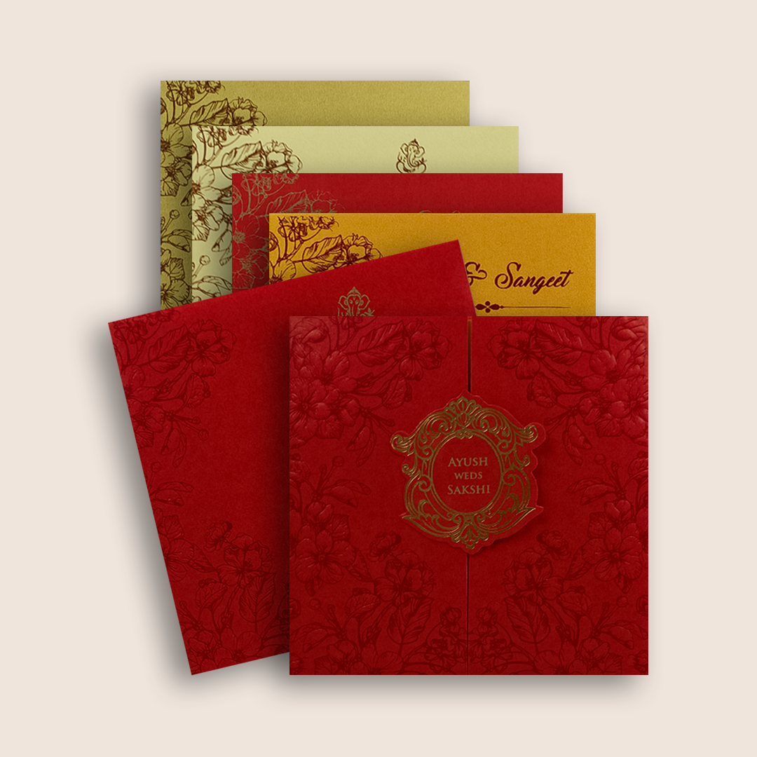 Red Embossed Floral Door Style Wedding Card - KPR06080