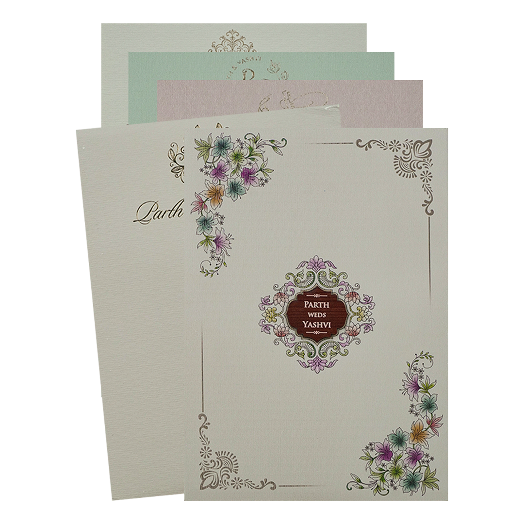 Grey Padded Floral Wedding Card-KRC31260