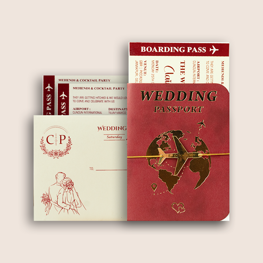 Maroon Passport Theme Invitation Card - KJP29240