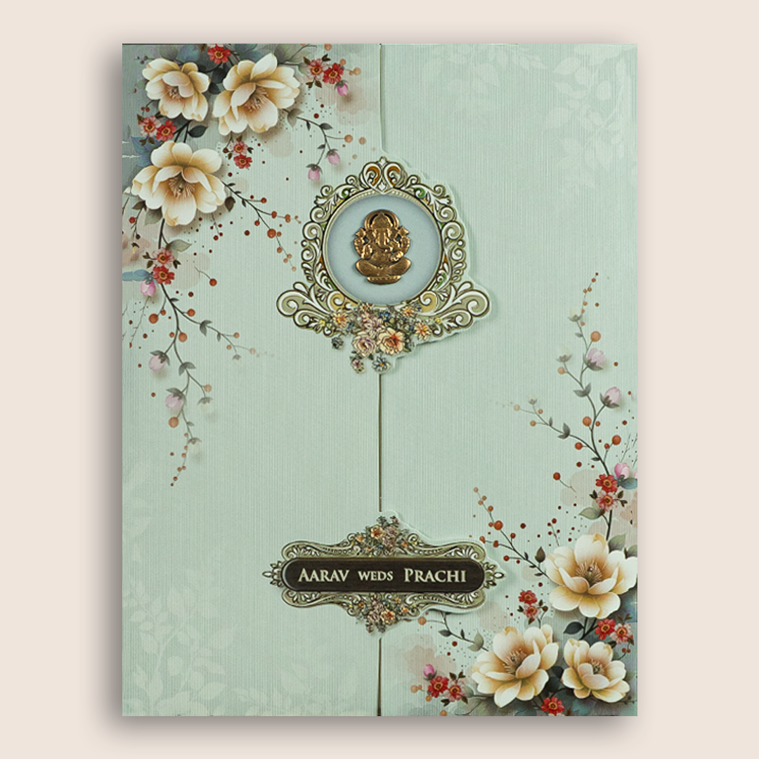 Pastel Blue Floral Door Style Wedding Card - KSH73480