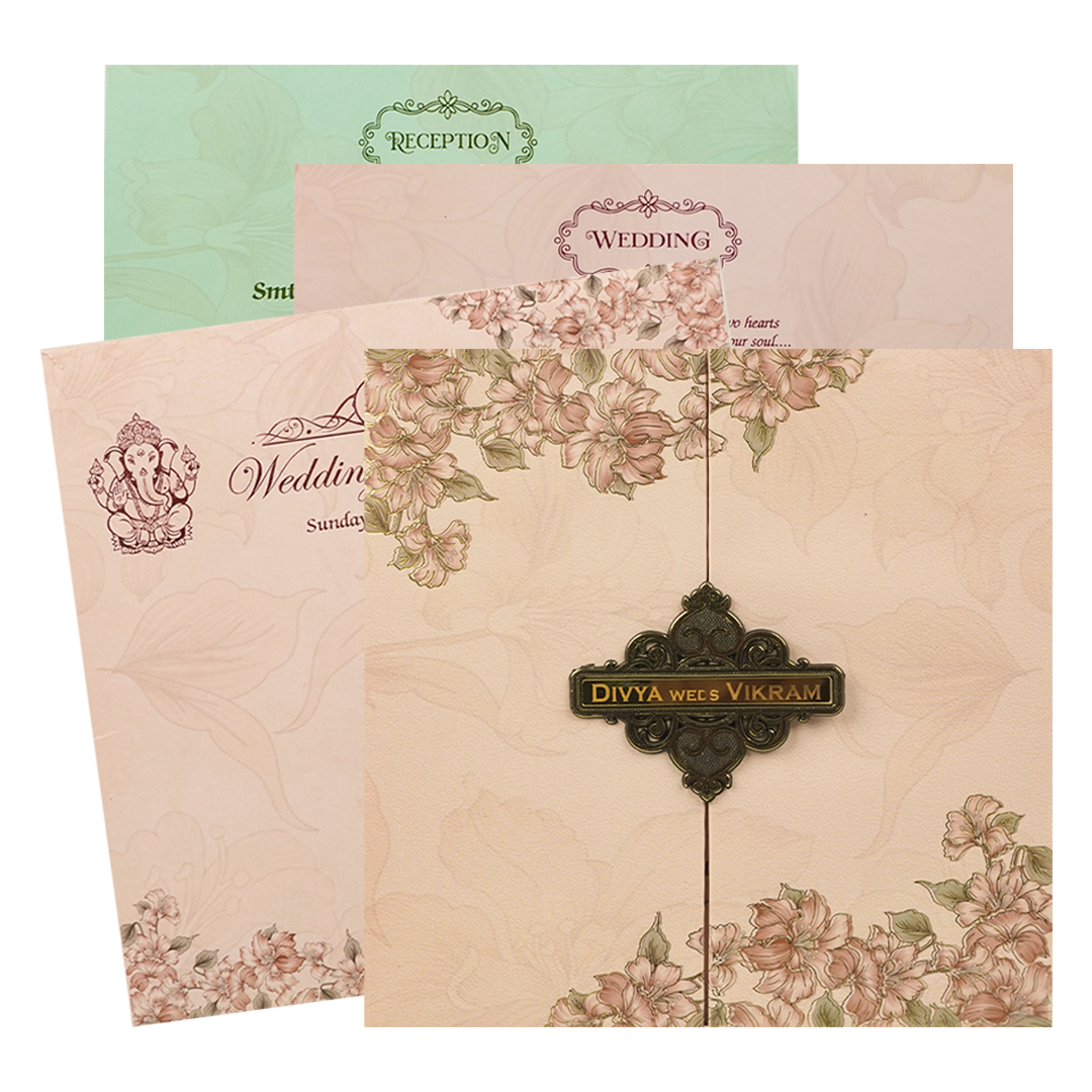 Pink Floral Damask Padded Wedding Card-KNPO5523P