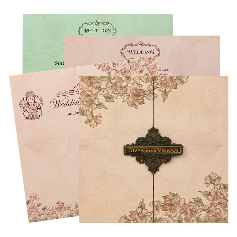 Pink Floral Damask Padded Wedding Card-KNPO5523P