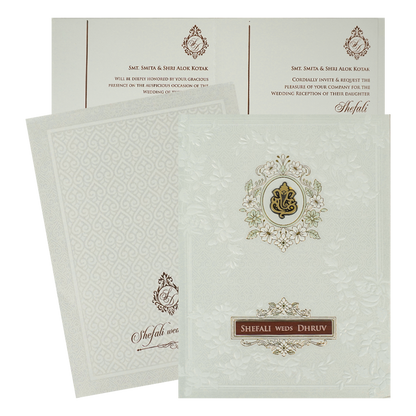 White Embossed Ganesha Classic Wedding card-KRE28450
