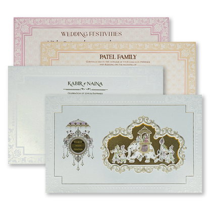 Check out White Gold Barat Padded Wedding Card at best price.WhatsApp Support|Express Delivery|King of cards.